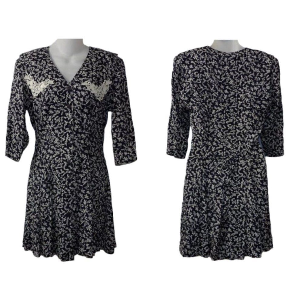 Vintage 80's Womens Paris Sport Club Skater Dress Black & White Ditsy Floral